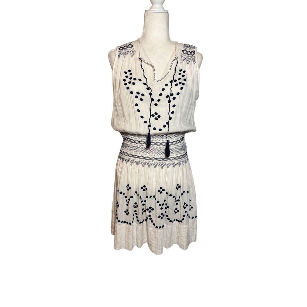 Les Petites white sleeveless navy embroidered dress with tassle tie neck - L